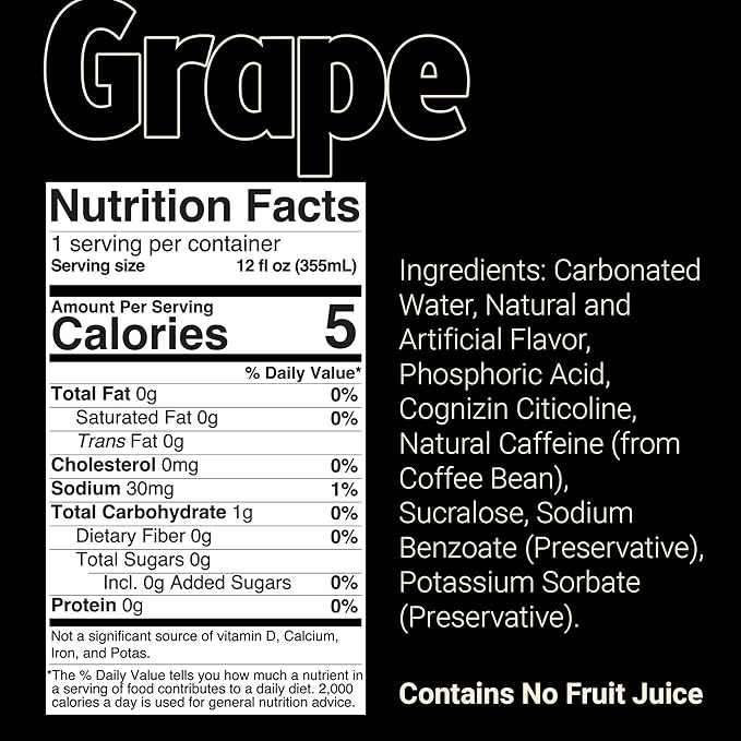 BUM Sugar-Free Energy Drink, Grape - Lightly Carbonated & No Artificial Colors, Natural Caffeine & Citicoline for Energy & Focus, Brain Boost & Workout Sports Beverage - 12 oz, Pack of 12