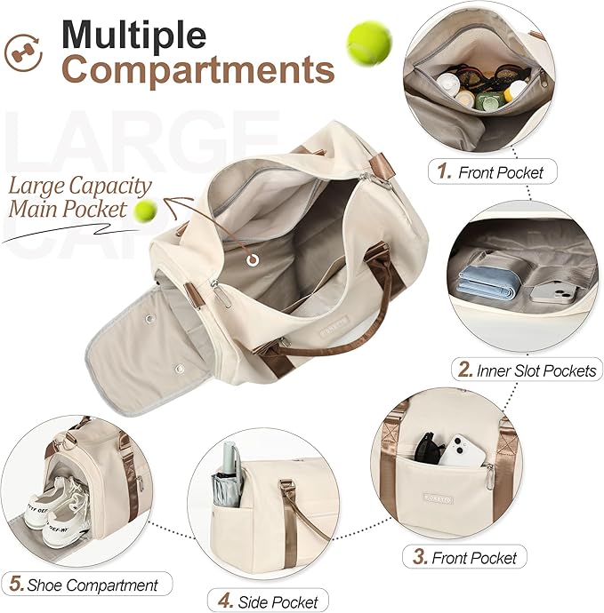 FIORETTO Womens Gym Tote Duffle Bag with Wet Pocket & Shoe Compartment, Sports Duffel Overnight Weekender Hospital Workout Carry on Bag for Girls, Ideal for Travel, Swimming, Dance, Ballet Beige