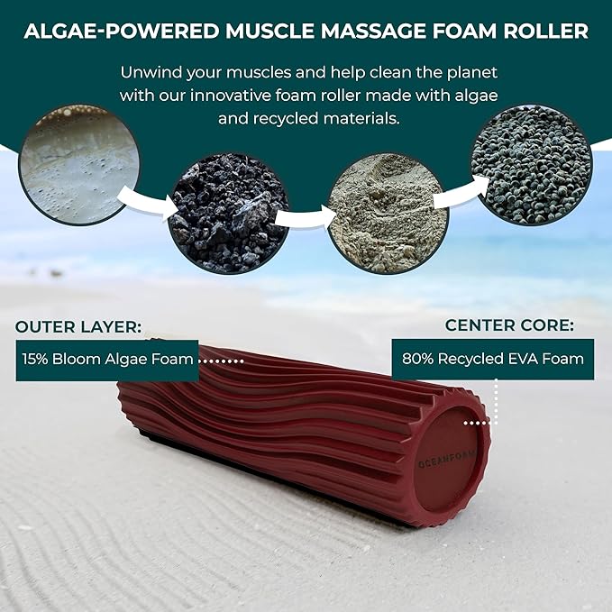 Oceanfoam Tidal Roller - Maroon - Muscle Massage Foam Roller for Back Pain & Stretching - Firm and Ergonomic Wide Wave Textured - Yoga, Athletics, & Wellness - Full Size, 20" x 5"