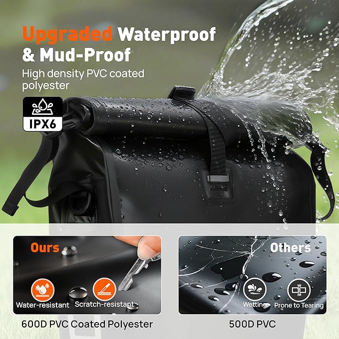 Bike Pannier Bag 27L Waterproof Bicycle Rear Rack Bag, Large Capacity Expandable Cargo Rack Bag with Reflective Strips, Adjustable Buckles for Cycling Traveling Commuting