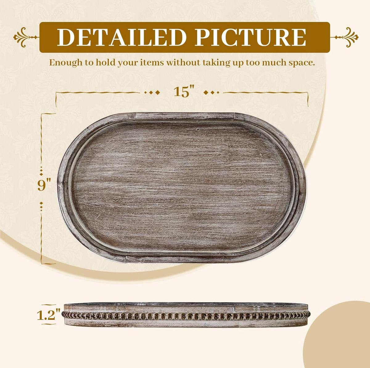 MAONAME Wood Serving Tray, Farmhouse Wooden Tray for Coffee Table, Oval Beaded Trays, Vintage Brown Decorative Trays for Living Room, Kitchen, 15" X 9" X 1.2"