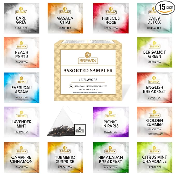 BREWIX Premium Assorted Tea Sampler Gift Box (15 Pyramid Individually Wrapped Tea Bags) | Herbal Tea, Black Tea, Green Tea | Tea Gift Set & Variety Pack | Gifts for Women & Men, Tea Set
