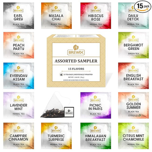 BREWIX Premium Assorted Tea Sampler Gift Box (15 Pyramid Individually Wrapped Tea Bags) | Herbal Tea, Black Tea, Green Tea | Tea Gift Set & Variety Pack | Gifts for Women & Men, Tea Set