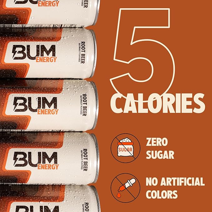 BUM Sugar-Free Energy Drink, Root Beer - Lightly Carbonated & No Artificial Colors, Natural Caffeine & Citicoline for Energy & Focus, Brain Boost & Workout Sports Beverage - 12 oz, Pack of 12