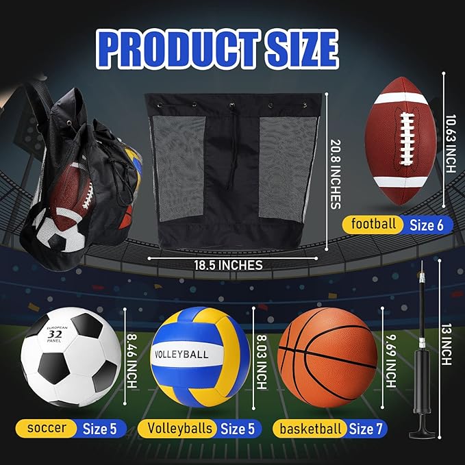 8 Pcs Sports Balls Set Include Basketball Football Soccer Volleyball with 2 Sport Equipment Bags 2 Pumps for Teens Youth Adult Outdoor Operation Christmas Ball Gifts