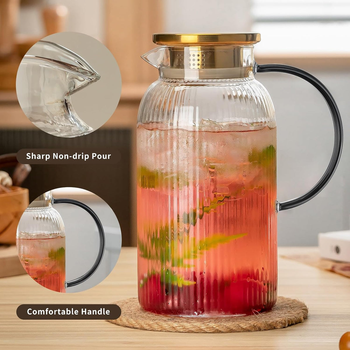 2 PACK Glass Pitcher with Lid,68 oz/ 2 Liter Vertical Stripes Water Pitcher With Black Handle,Glass Water Carafe for Cold Brew,Coffee, Lemonade, Iced Sun Tea,Beverage, Milk Heat Resistant