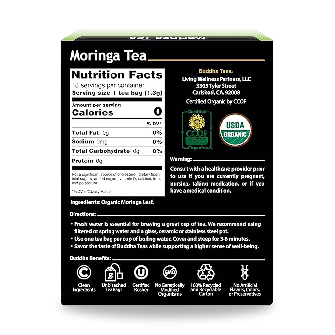 Buddha Teas - Moringa Tea - Herbal Tea - Source of Essential Vitamins & Minerals - Natural Ingredients - Caffeine Free - OU Kosher - 18 Tea Bags (Pack of 1)