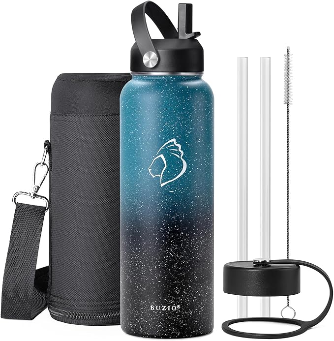 BUZIO 40oz Insulated Water Bottle with Straw, Stainless Steel Double Wall Sports Wide Mouth Water Bottle, BPA-Free Flex Cap and Straw Lid, Keep Cold for 48 Hrs, Hot for 24 Hrs, Starry Indigo