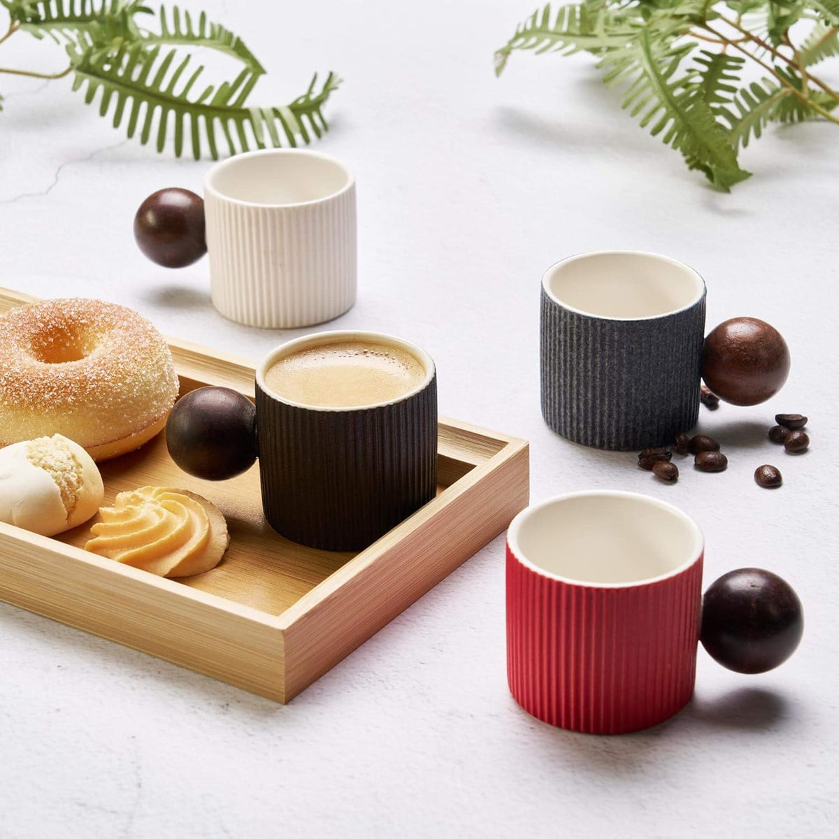 Ceramic Mini Espresso Cups Demitasse Cups with Round Wooden Handle Vertical Stripes Tea Cups (Black/White, 4pcs)
