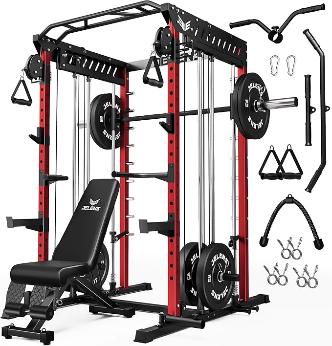 M21 Smith Machine, Multi-Function Power Cage with Dual Pulley Cable Crossover System, 2000LBS All-in-One Squat Rack with Smith Bar and Attachments