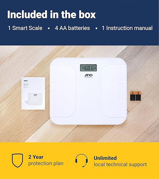 A&D Medical Digital Body Weight Scale, UC-356BLE Bluetooth Bathroom Weight Machine, UltraWide Platform and Large Display, Syncs with A&D App,550lb (249kg), Batteries Included, White