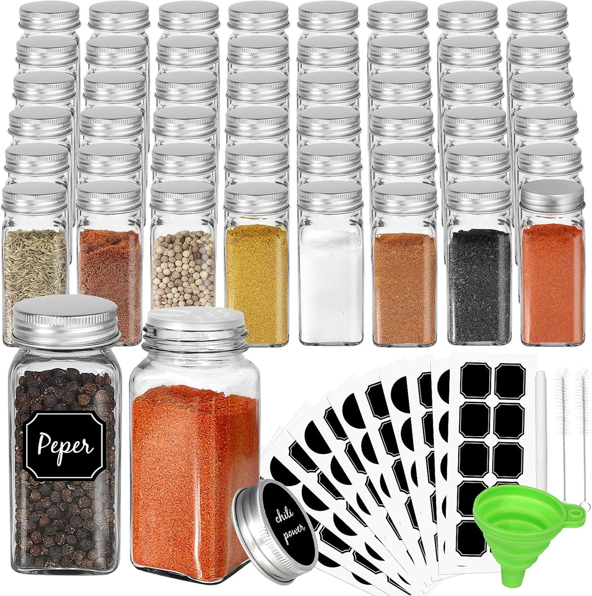 CycleMore 48 Pack 4oz Glass Spice Jars Bottles, Square Spice Containers with Silver Metal Caps and Pour/Sift Shaker Lid-80pcs Black Labels,1pcs Silicone Collapsible Funnel and 2pcs Brush Included
