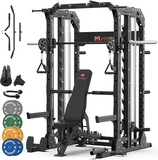 Smith Machine Home Gym with Aluminum Pulley Set- 2000lbs Capacity All-in-One Power Rack with Cable Crossover, Pull-Up Bar & Dip Station, Includes 18 Attachments, P107 Anvil