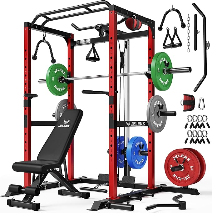 S21 Power Cage, Multi-Function Power Rack with Adjustable Cable Crossover System, 2000LBS Squat Rack for Home Gym with More Training Attachments
