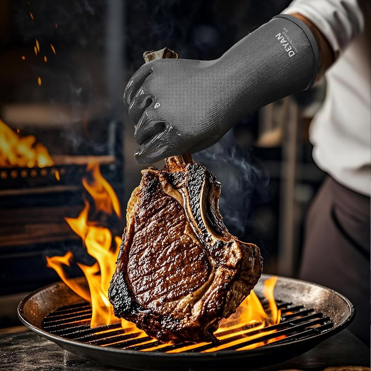 DEYAN Silicone BBQ & Oven Gloves - Food Grade, Heat Resistant Waterproof & Oil Proof Gloves for Grilling, Baking, Frying, Cooking - Long Sleeve & Non-Slip Grip, 1 Pair(Black, 8/M)