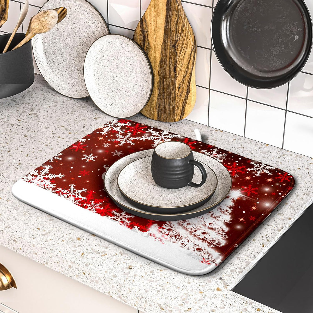 Happy New Year Red Dish Drying Mat for Kitchen Counter,Merry Christmas Tree Snowflake Drying Mat 16 x 18 Inch with High Absorbent Reversible Microfiber Dish Drying Pad Drainer Mat for Coffee Bar