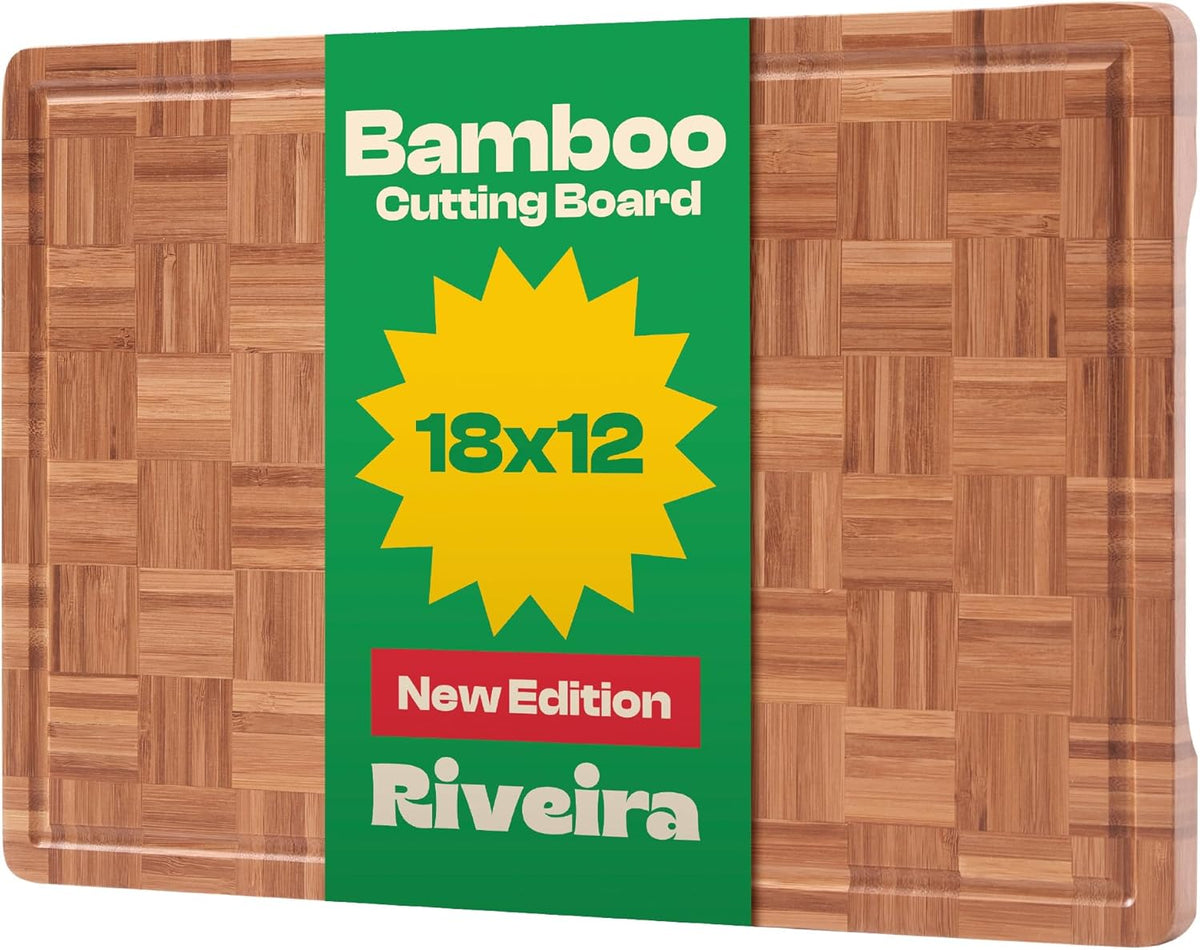 Riveira Bamboo End Grain Wood Cutting Board – Gourmet Bamboo Grandeur: 18 x 12 Wooden Cutting Board – Wooden Cutting Boards For Kitchen Decorative – Innovative Juice Grooves