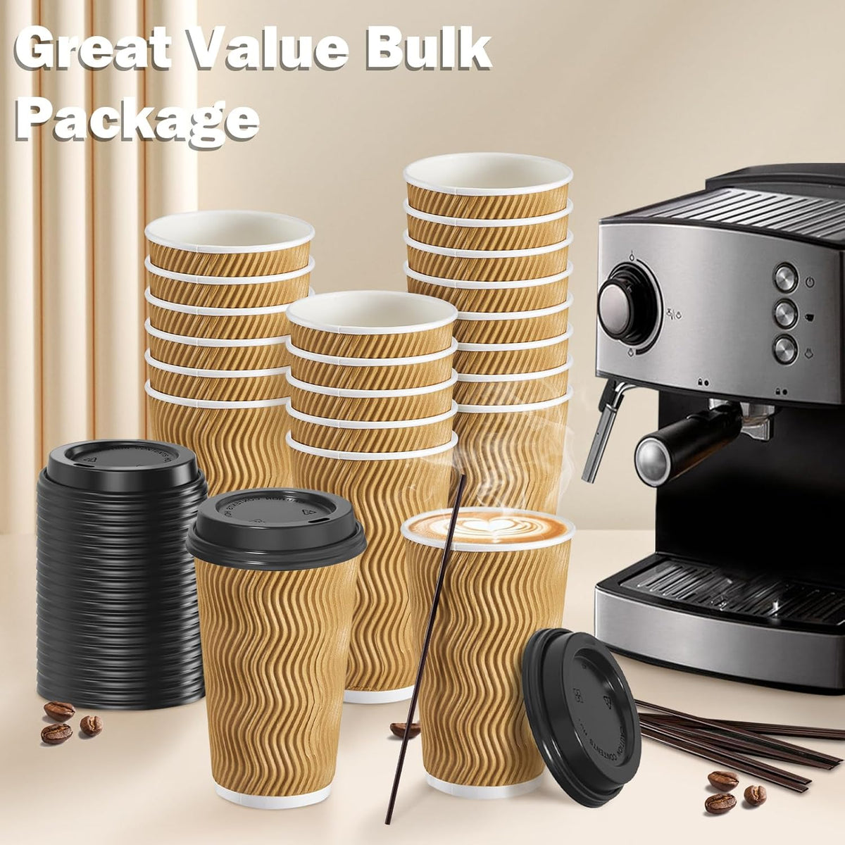 80 Pack 16 OZ Disposable Coffee Cups with Lids and Straws, Insulated Paper Coffee Cups with Lids, Corrugated Ripple Wall To Go Cups for Hot Drink, Coffee, Hot Chocolate, Water, Juice - Champagne