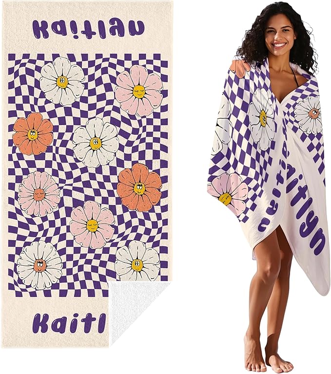 JML Personalized Beach Towel with Name, Custom Flower Beach Towel, Customized Microfiber Pool Towel, Quick Dry & Absorbent Swim Towel for Adult,Anniversary, Birthday, Summer Holiday,Vacation