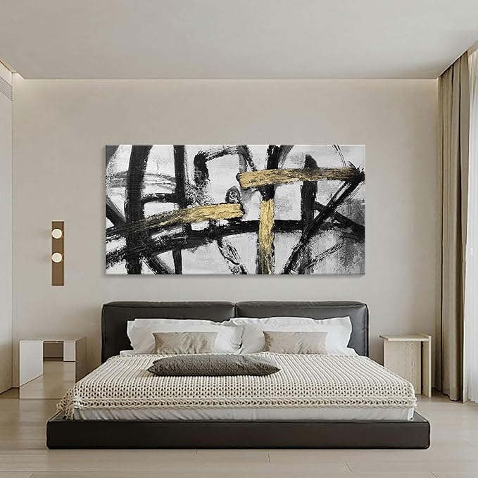 Abstract Living Room Wall Art - Large Black and White Gold Abstract Lines Bedroom Wall Decor Ink Dancing Canvas Prints Paintings for Dining Room Office Room Home Decor 29x58IN