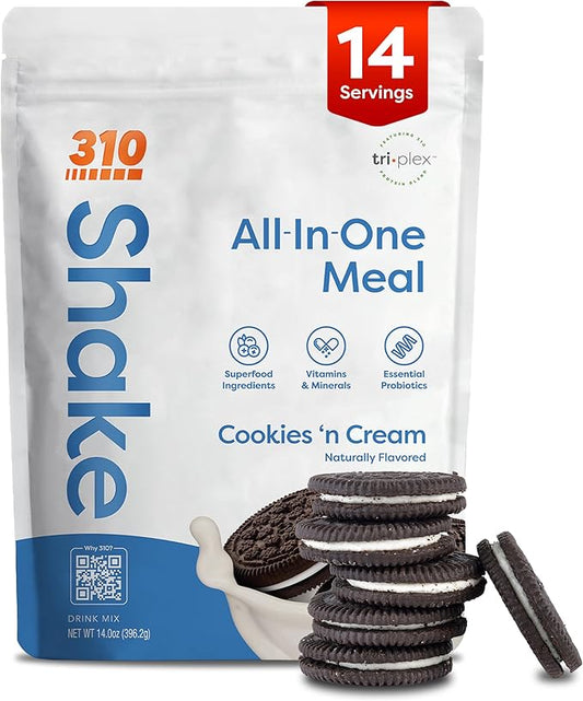 310 Nutrition All-In-One Meal Replacement Shake Powder - Plant-Based Protein Smoothie Blend w/High Fiber, Probiotics & Adaptogens - Low Carb, Vegan, Keto & Paleo Friendly - Cookies N Cream - 14 Srv