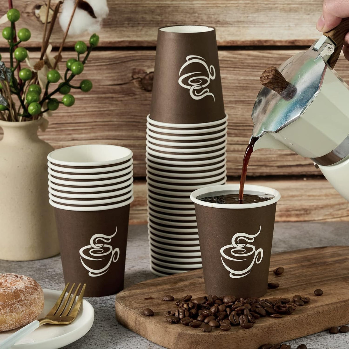 LITOPAK 400 Pack 8 oz Paper Cups, Brown Disposable Hot Coffee Cups for Party, Picnic, Travel, and Events