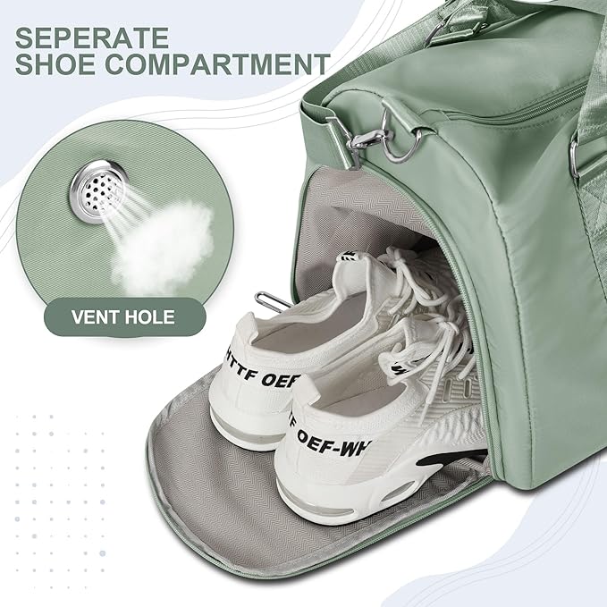 FIORETTO Womens Gym Tote Duffle Bag with Wet Pocket & Shoe Compartment, Sports Duffel Overnight Weekender Hospital Workout Carry on Bag for Girls, Ideal for Travel, Swimming, Dance, Ballet Celadon