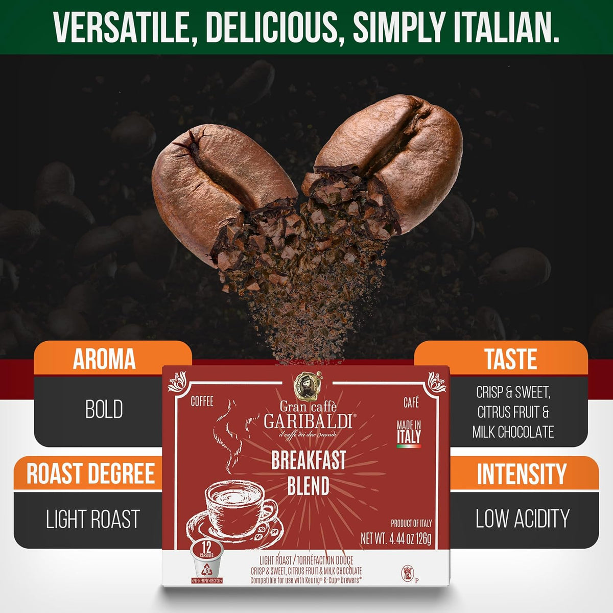 Caffè Garibaldi Breakfast Blend Coffee Pods, Single-Serve Capsules for Keurig K-Cup Brewers, Single Serve Cups with 100% Arabica Blend, 72 Count Recyclable Coffee Pods - Light Roast
