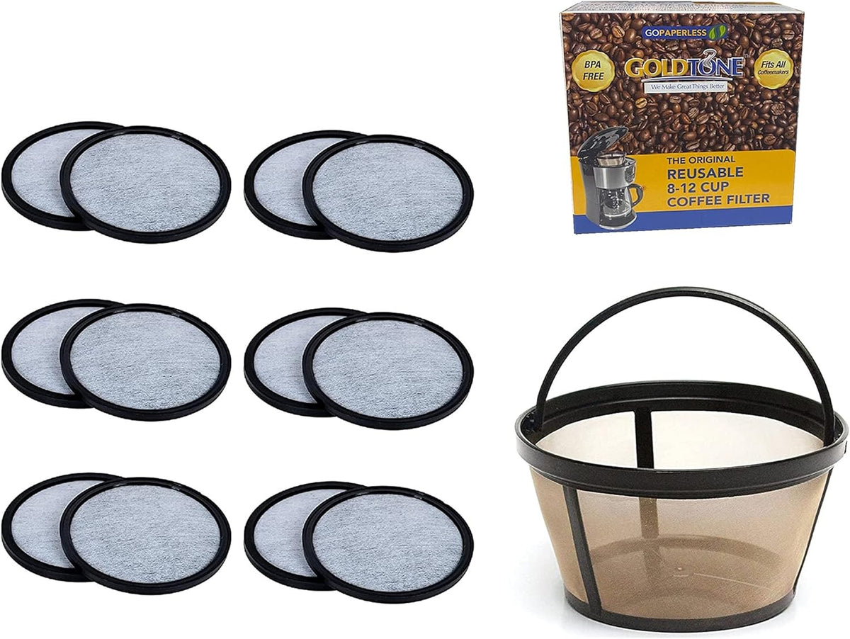 GoldTone Brand 8-12 Cup Reusable Mr. Coffee Basket-Style Coffee Filter & Set of 12 Water Filters for Mr. Coffee Coffee Maker and Brewer