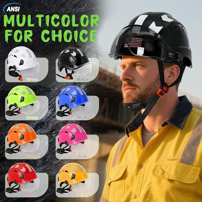 AOLAMEGS Construction Safety Hard Hat - ANSI Z89.1 Type Ι OSHA Approved Safety Helmets with Chin Straps Lightweight Reflective Vented ABS Hard Hats For Men Women Industrial Workwear 6-point Suspension