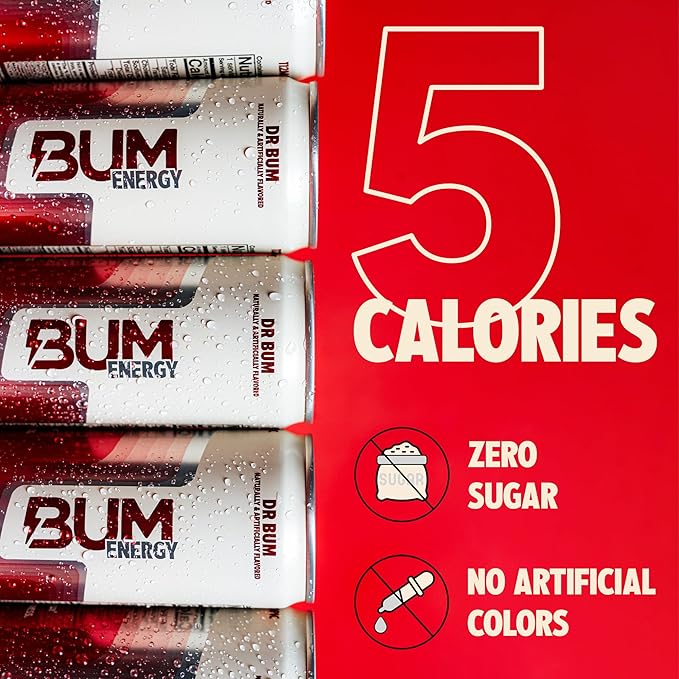 BUM Sugar-Free Energy Drink, Dr BUM - Lightly Carbonated & No Artificial Colors, Natural Caffeine & Citicoline for Energy & Focus, Brain Boost & Workout Sports Beverage - 12 oz, 12-Pack