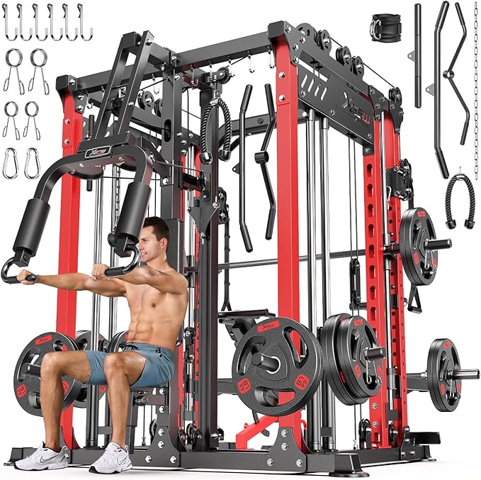 Smith Machine with Cable Crossover System, Multi-Function Power Cage Squat Rack for Home Gym, Power Rack and Packages Weight Sets.