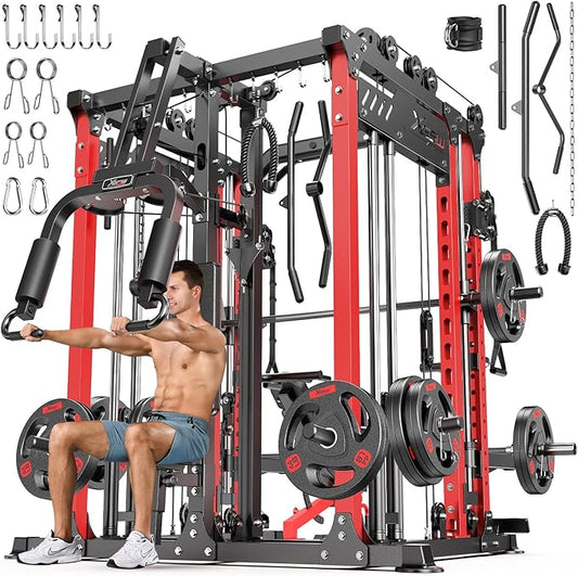 Smith Machine with Cable Crossover System, Multi-Function Power Cage Squat Rack for Home Gym, Power Rack and Packages Weight Sets.