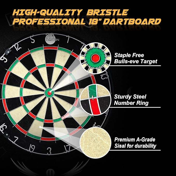 Bristle Dart Board Set, Professional Dart Board 18" with 6pcs 18g Darts Outdoor Dartboard Set, Compressed Sisal Metal Wire Board with Rotating Number Ring