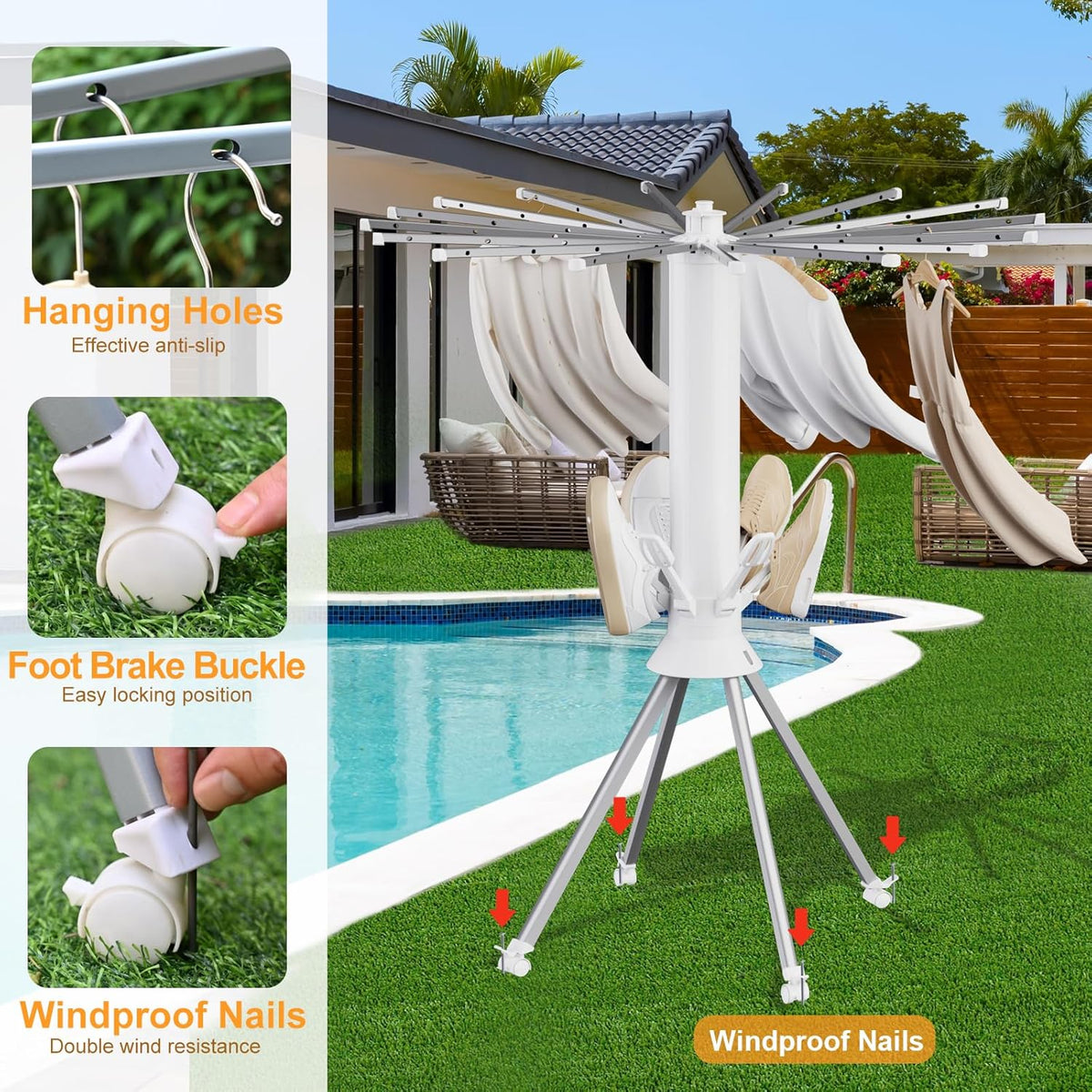 4-Legged Clothes Drying Rack Foldable, Portable Laundry Drying Racks, Outdoor Collapsible Drying Rack Clothing with 4 Pulleys and Anti-Slip Holes, Aluminum Indoor Dry Rack for Clothes, Shoes, Towel