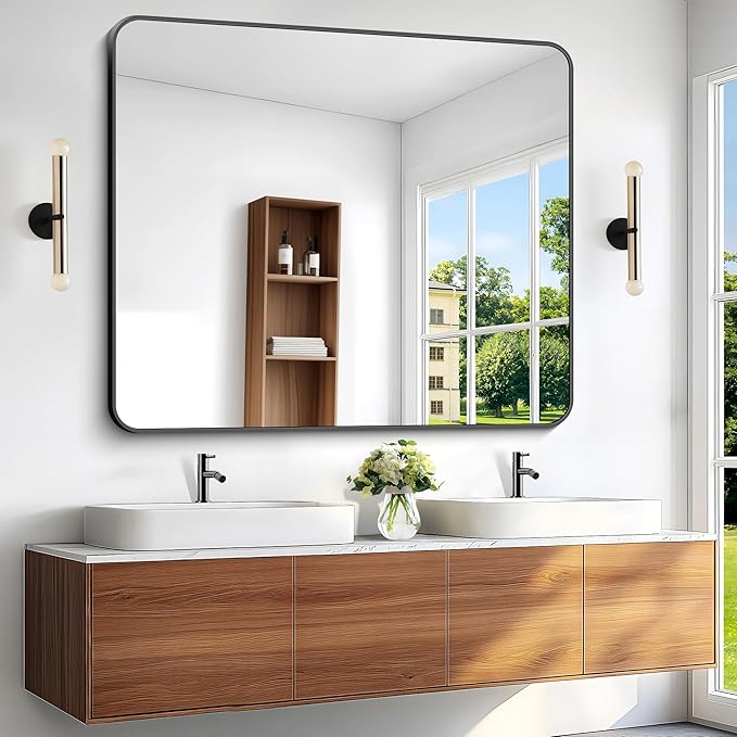 Black Bathroom Mirror,40x48 inch Wall Mirror for Bathroom Wall Mounted,Rectangle Mirror for Bathroom Over Sink,Modern Frame Round Corner for Living Room,Bedroom Entryway,Horizontal/Vertical