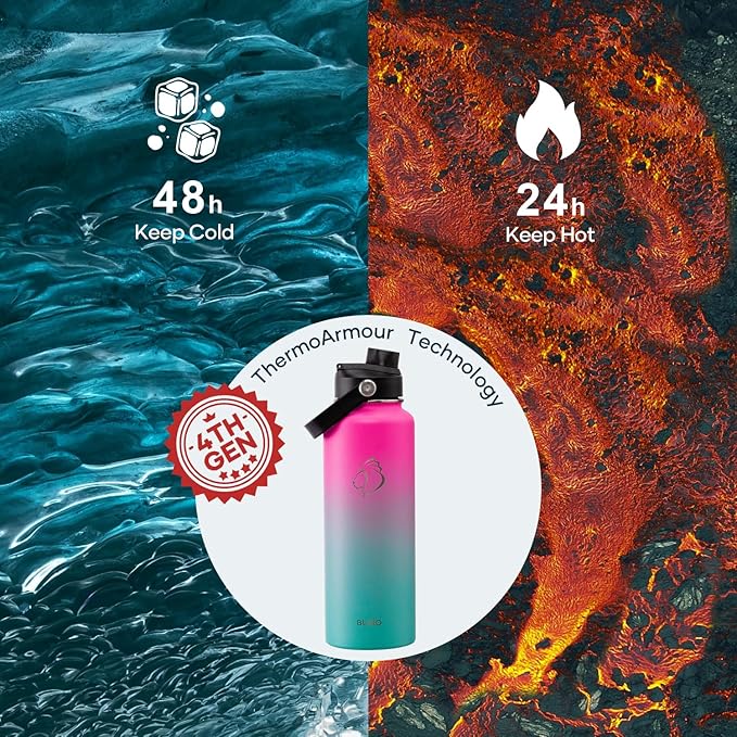 BUZIO Stainless Steel Water Bottle, 40oz Vacuum Insulated Double Wall Leak Proof Sports Water Bottle with Straw Lid and Flex Cap for Gym Travel Camping, Rose and Green