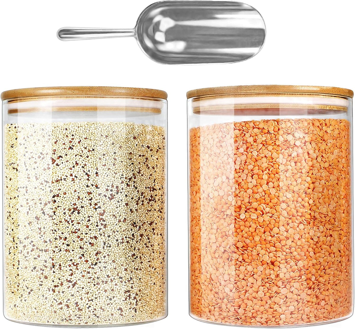 Urban Green Glass Jar with Bamboo Lids (2 sets 100oz) with Metal Scoop, Food Storage Containers with Airtight Lids, Glass Canisters sets, Flour Container Jar