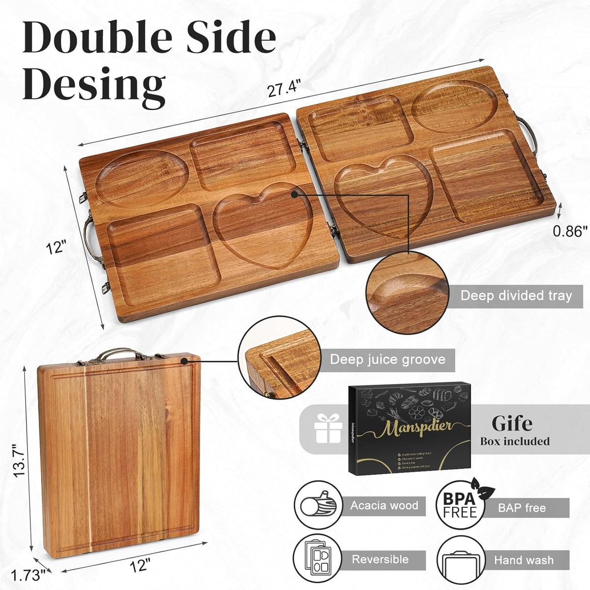Double Side Acacia Wood Serving Tray, Serving Platters and Trays, Charcuterie Boards Wooden Tray with Vintage Metal Handles, Wooden Cutting Boards for Kitchen, Trays for Serving Food Serving Platter