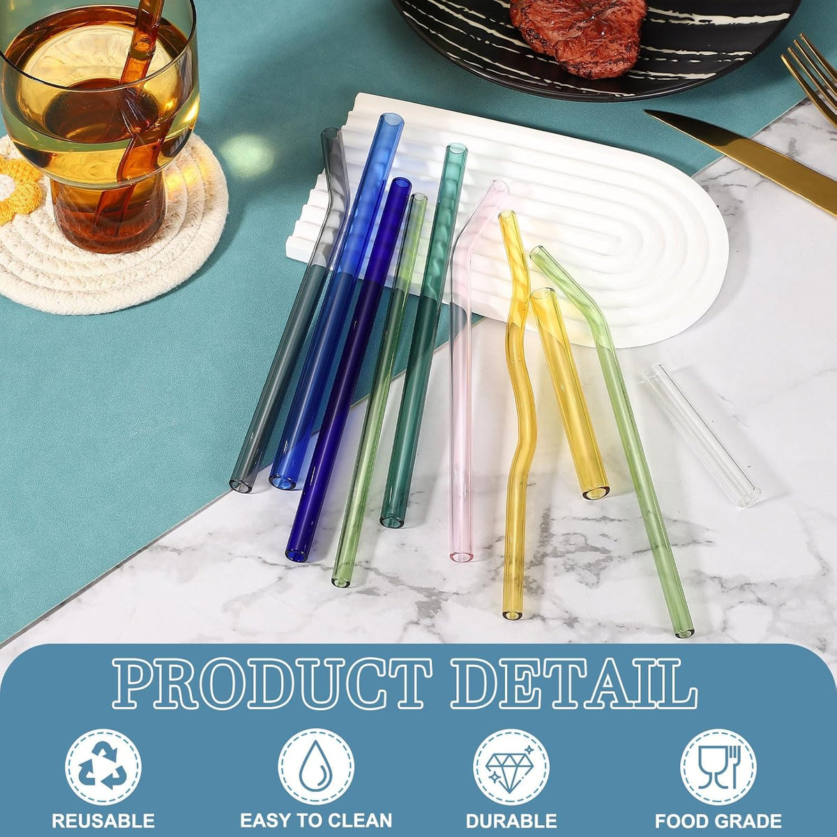 uxcell 4 Pcs Reusable Glass Drinking Straws, 7.87'' x 8 mm Reusable Straws Set with 4 Wave 1 Brush for Milkshakes Juice Coffee Milk Tea Cocktails, Midnight Cream Tone