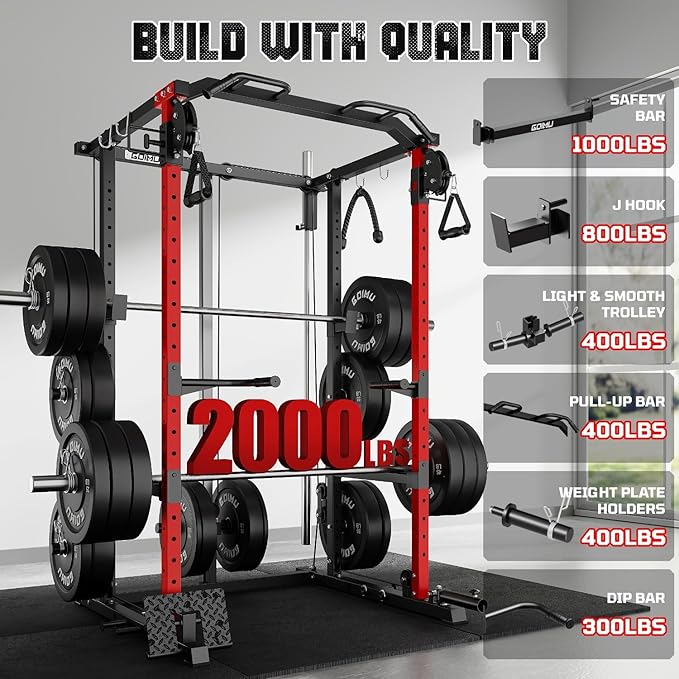 R1-V4 Power Cage Rack, 2000LB Squat Rack with Cable Crossover System, Multi-Function Weight Cage, Home Gym Workout Machine with More Training Attachments