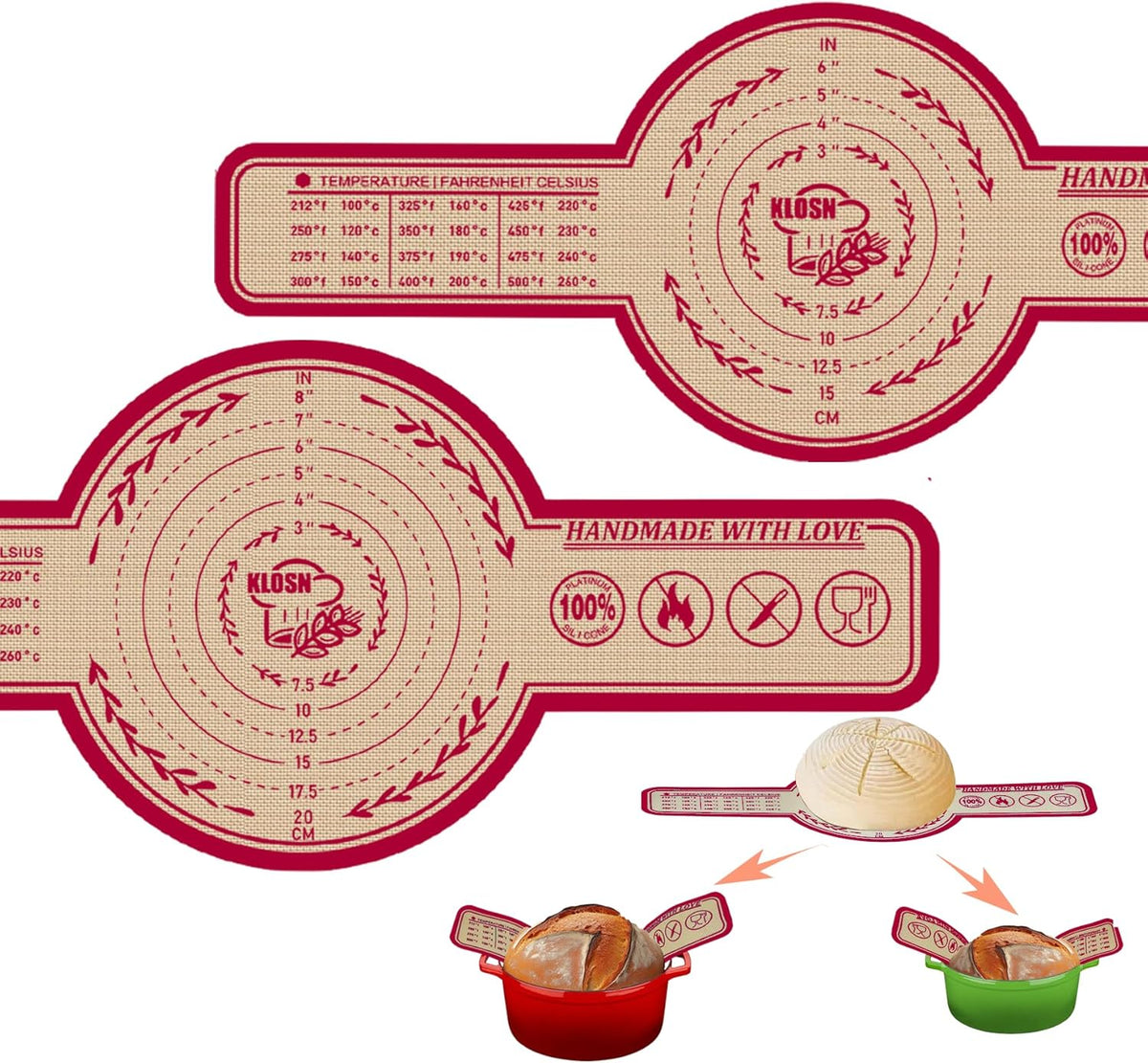 Silicone Bread Sling for Dutch Oven, 2 Pack (8" & 10" Round) – Non-Stick & 500°F Heat Resistant Sourdough Mat, Easy to Clean, Reusable Food-Grade Sourdough Slings - Fits 5–7 qt Dutch Ovens