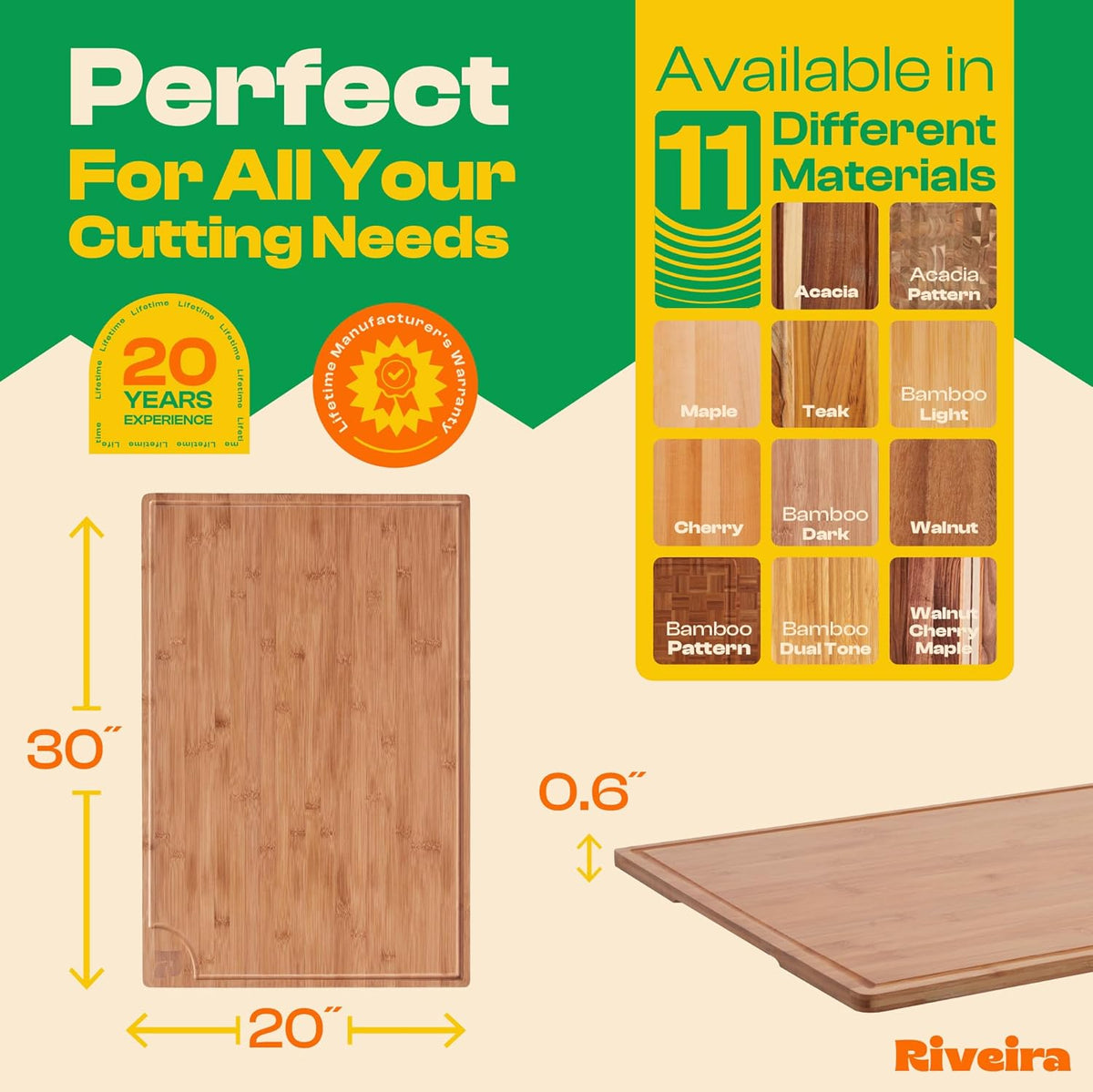 Riveira Brown Bamboo Wood Cutting Board – Gourmet Bamboo Grandeur: 20 x 30 Wooden Cutting Board – Wooden Cutting Boards For Kitchen Decorative – Innovative Juice Grooves Wooden Chopping Board