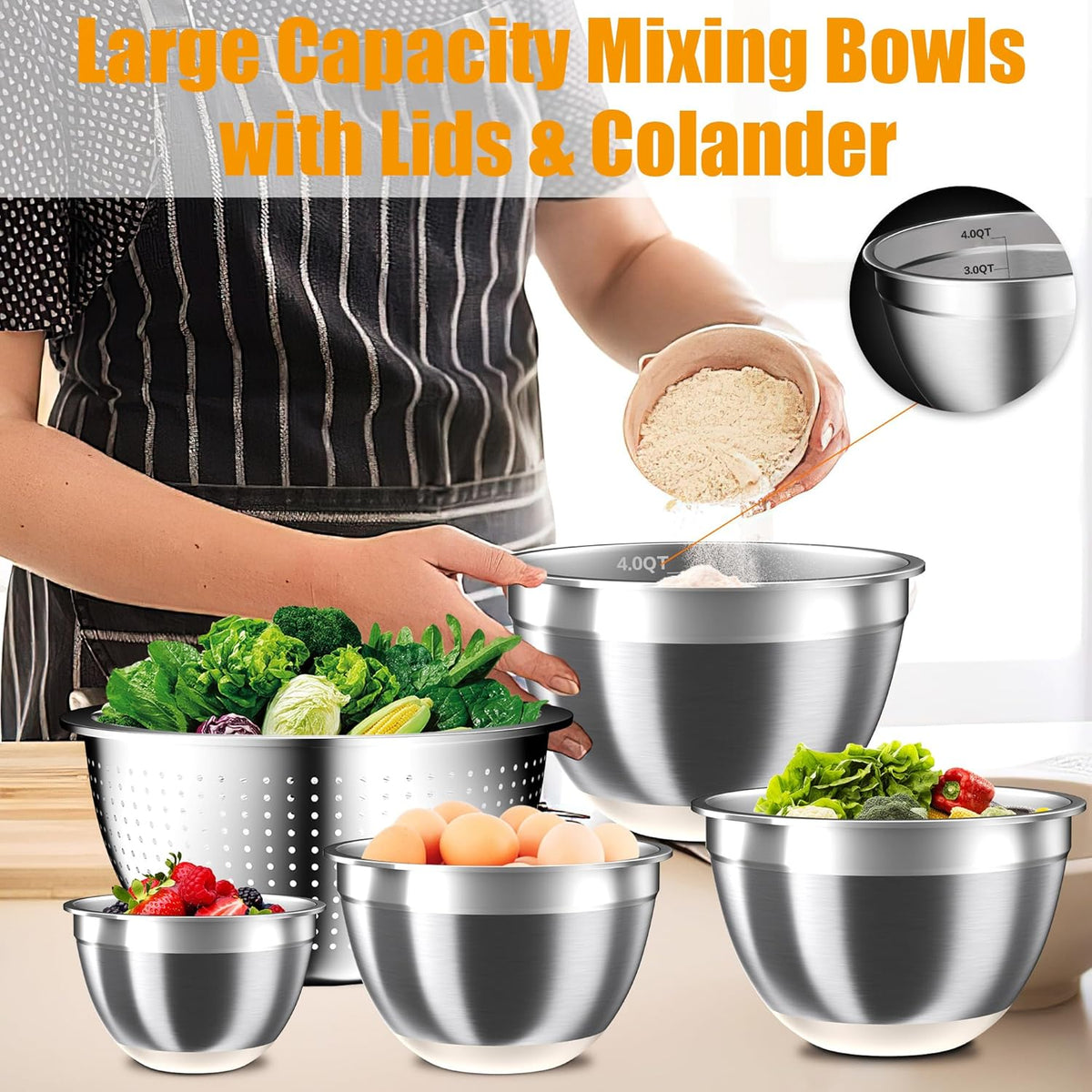 Mixing Bowls with Airtight Lids Set, 4 Stainless Steel Bowls Nesting Bowls & Colander, Kitchen Organizers and Storage Non-Slip Bottom, Size 1.5/2.0/2.5/4.5QT, Great for Mixing & Serving, Khaki