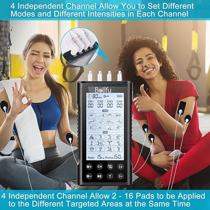 Belifu 4 Independent Channel TENS EMS Unit, 24 Modes,30 Level Intensity Muscle Stimulator Machine, Rechargeable Electric Pulse Massager with 10 Pads&5 Set Leads Wires, for Pain Relief Therapy(Black)
