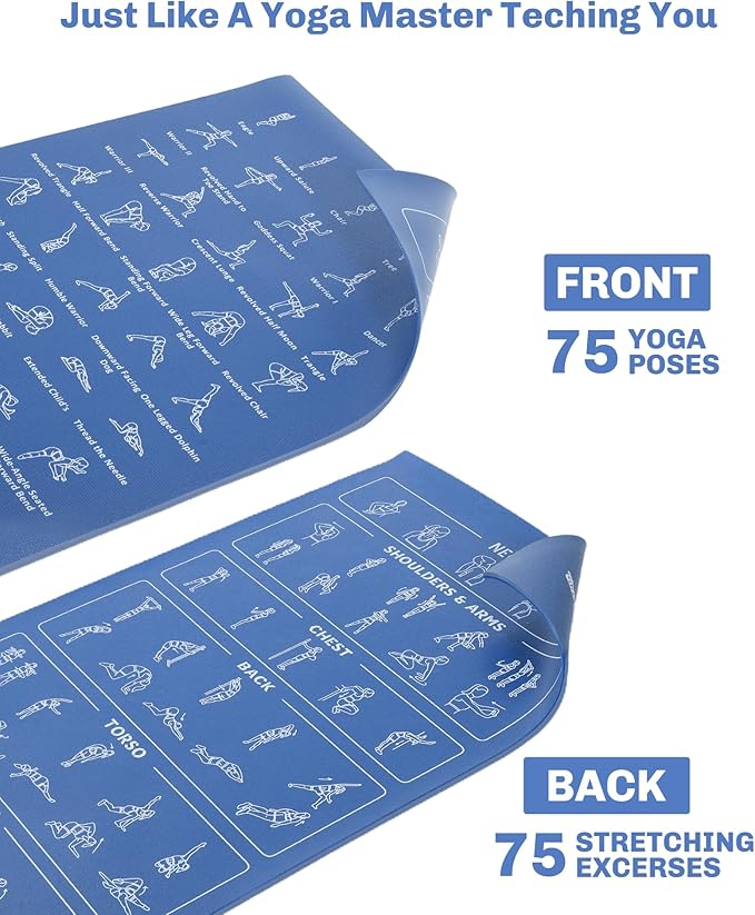 Instructional Travel Yoga Mat with 75 Poses & Exercises - Non-slip Exercise Mat for Home Workout, Includes Carrying Bag - Perfect for Beginners, 68"x24"x0.25"