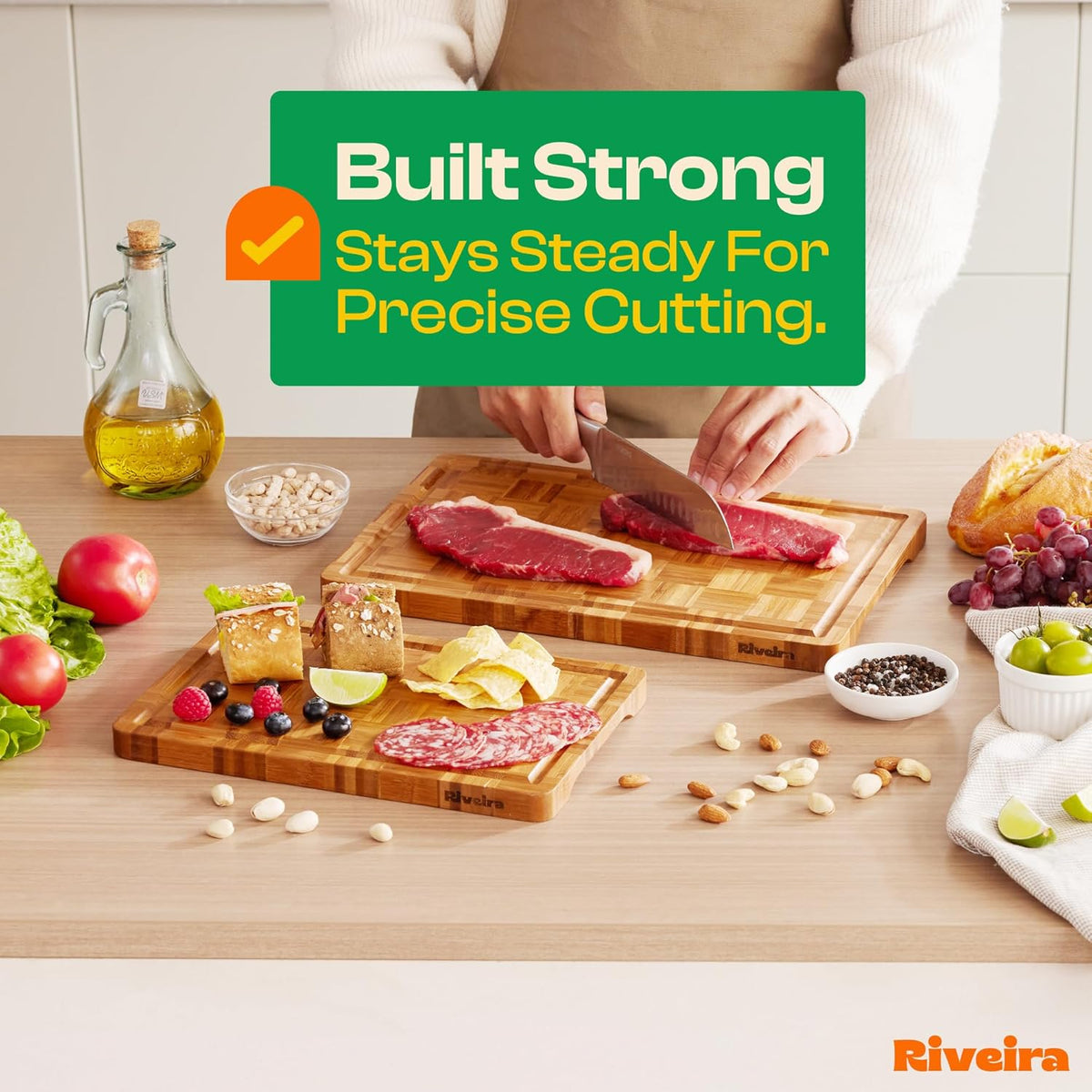 Riveira Bamboo End Grain Wood Cutting Board – Versatile And Durable: Set Of 2 Pcs Wooden Cutting Boards – Natural Wooden Cutting Boards For Kitchen Set – Complete Bamboo End Grain Cutting Board