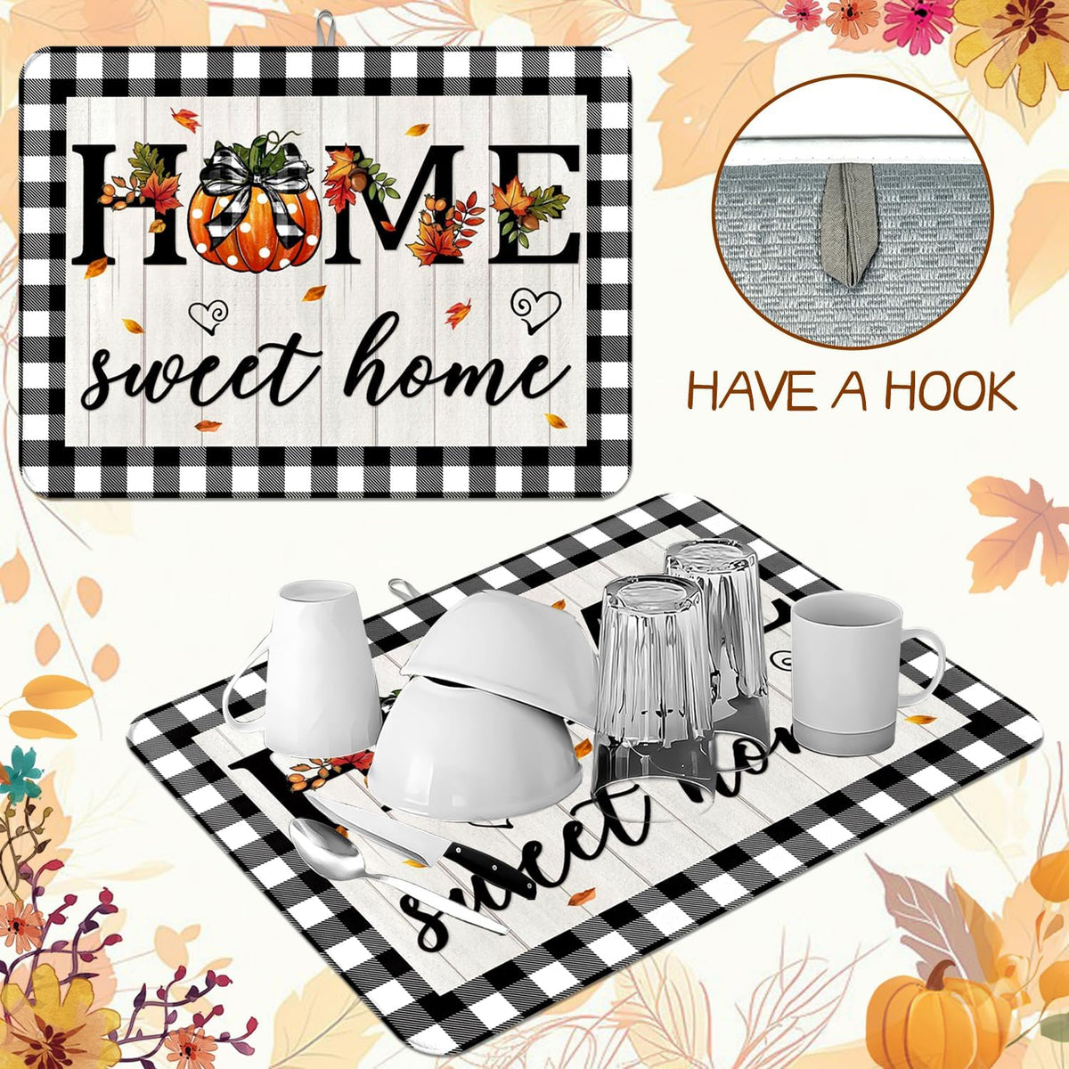 Autumn Fall Drying Mat Kitchen Countertop Pumpkin Black And White Check sweet Home 18 X 24 Inch Kitchen Coffee Bar Decoration, Absorbent Drying Mat
