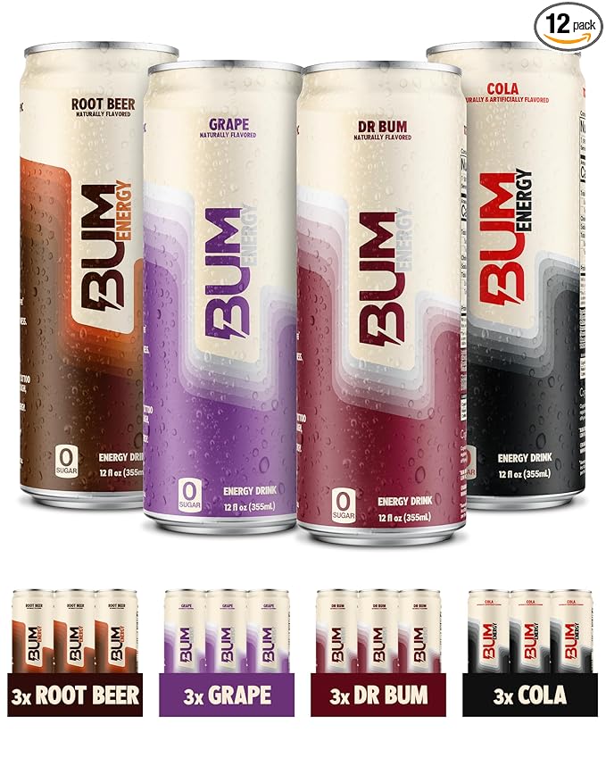 BUM Sugar-Free Energy Drink, Variety Pack - Lightly Carbonated & No Artificial Colors, Natural Caffeine & Citicoline for Energy & Focus, Brain Boost & Workout Sports Beverage - 12 oz, Pack of 12