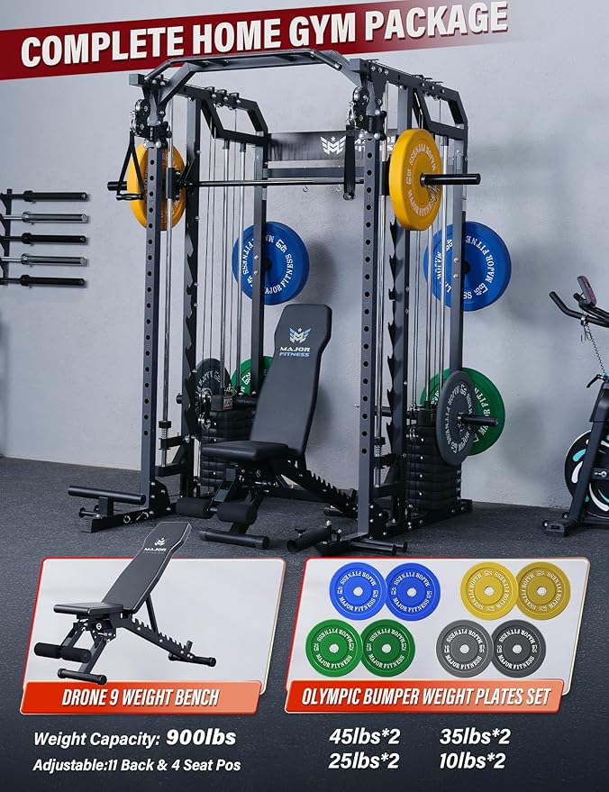 Major Fitness Drone2 Advanced Training Smith Machines– All-in-One Home Gym Squat Rack with Aluminum Pulley Set , Weight Bar, Dual LAT Pull-Down Systems & Cable Crossover Machine for Full-Body Workouts